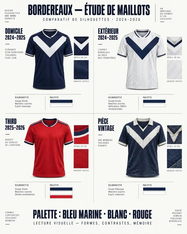 Comparaison de maillots Bordeaux foot home, away, third et vintage