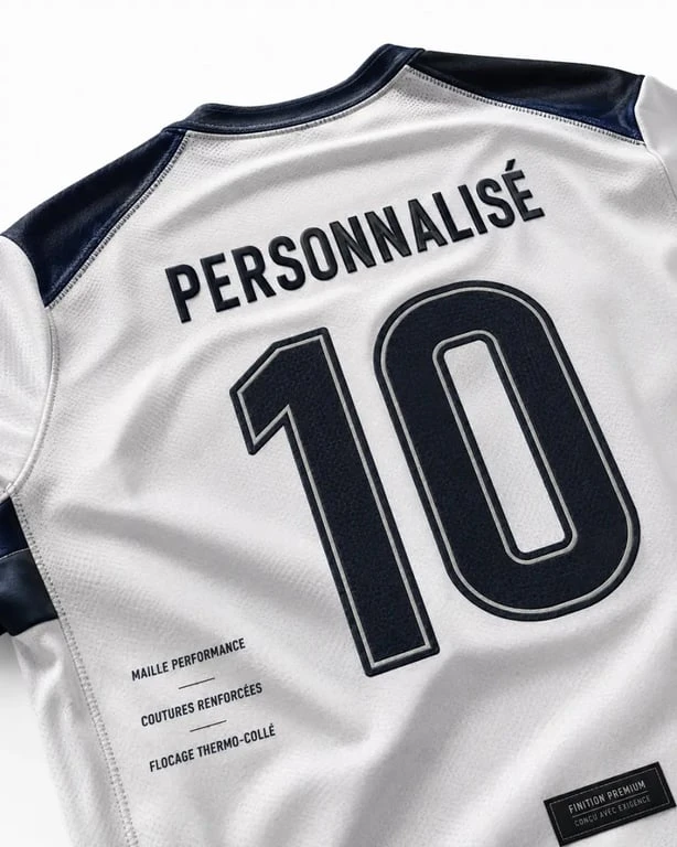Maillot de foot concept en gros plan montrant la personnalisation, le tissu et le flocage