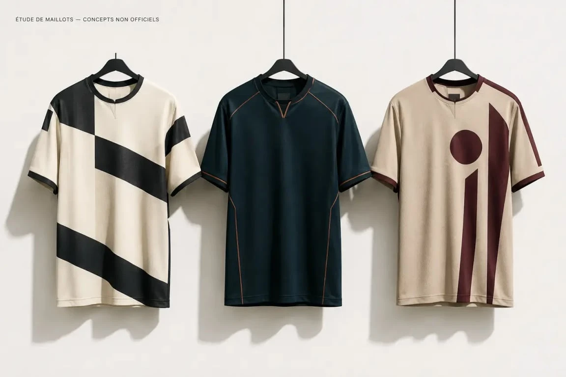 Maillot de foot concept présenté dans une mise en scène éditoriale avec plusieurs designs originaux