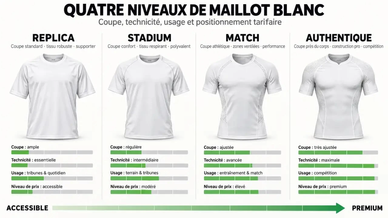 Infographie comparative des gammes de maillot de foot blanc Replica, Stadium, Match et Authentique