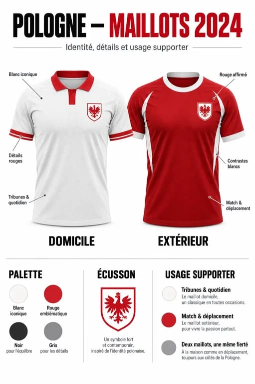 Infographie comparative du maillot foot Pologne domicile et extérieur