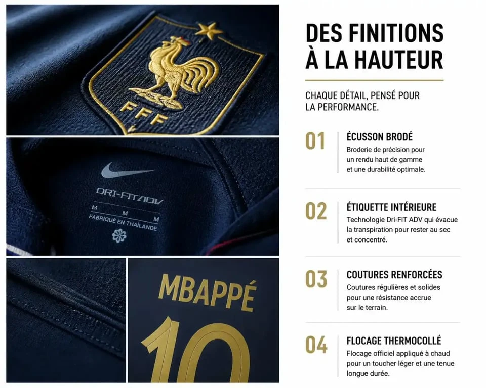 Détails d'authenticité d'un maillot de football officiel : écusson, étiquette et flocage