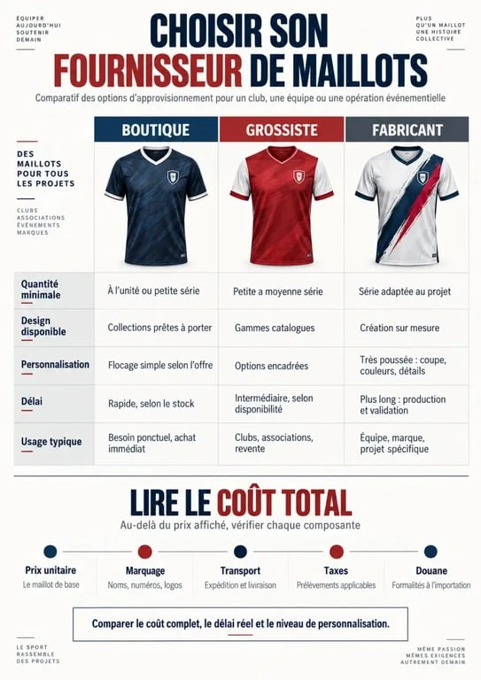 Infographie pour choisir un fournisseur maillot de football selon la quantité, la personnalisation et le coût total