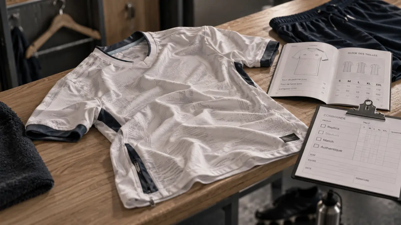 Maillot de foot blanc extérieur avec guide des tailles et options de gamme
