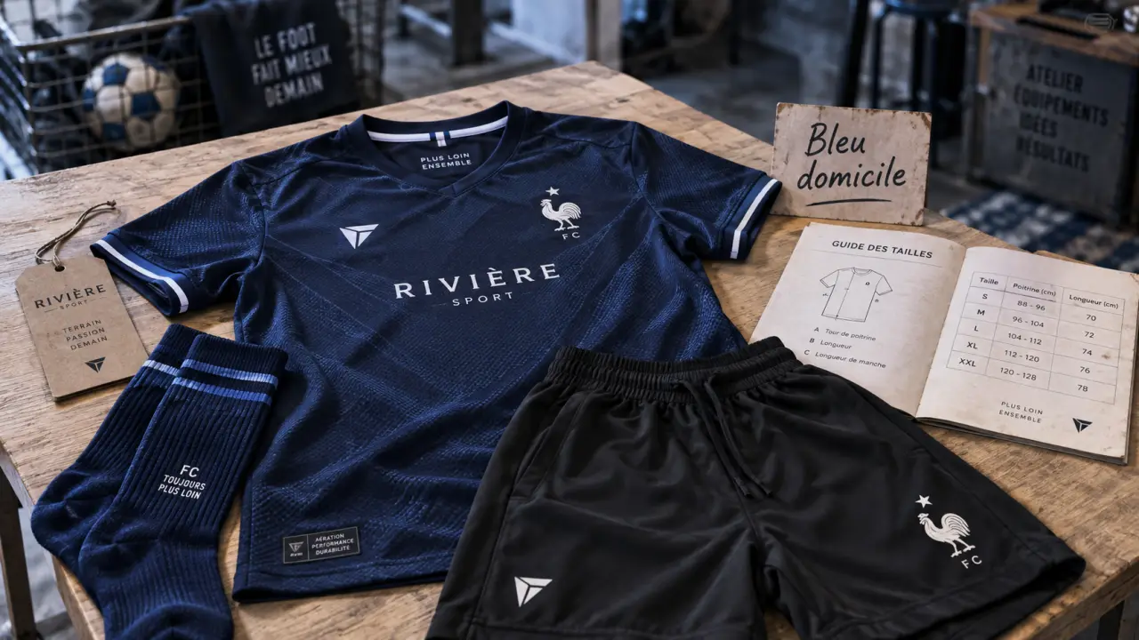Maillot de foot bleu marine sur table, avec short et chaussettes