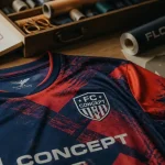 Maillot de football concept, posé sur établi bois, motifs graphiques et coutures nettes