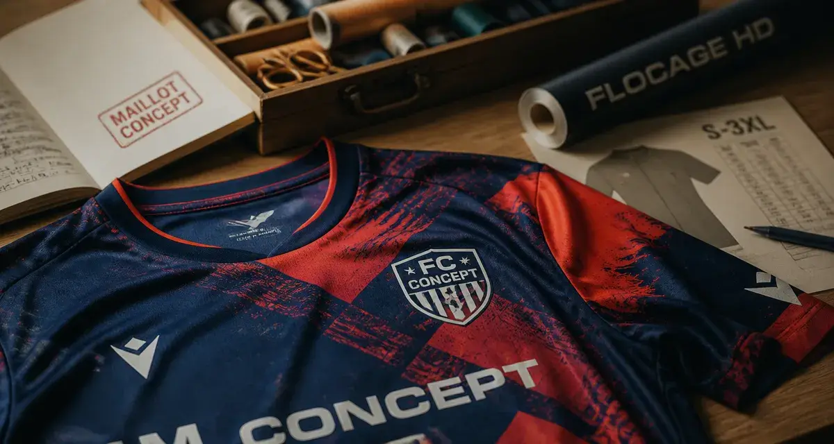 Maillot de football concept, posé sur établi bois, motifs graphiques et coutures nettes