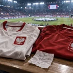 Maillot foot Pologne officiel blanc et rouge sur banc, vue stade