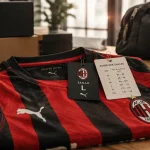 ac milan maillot domicile rouge et noir, vue textile replié sur table