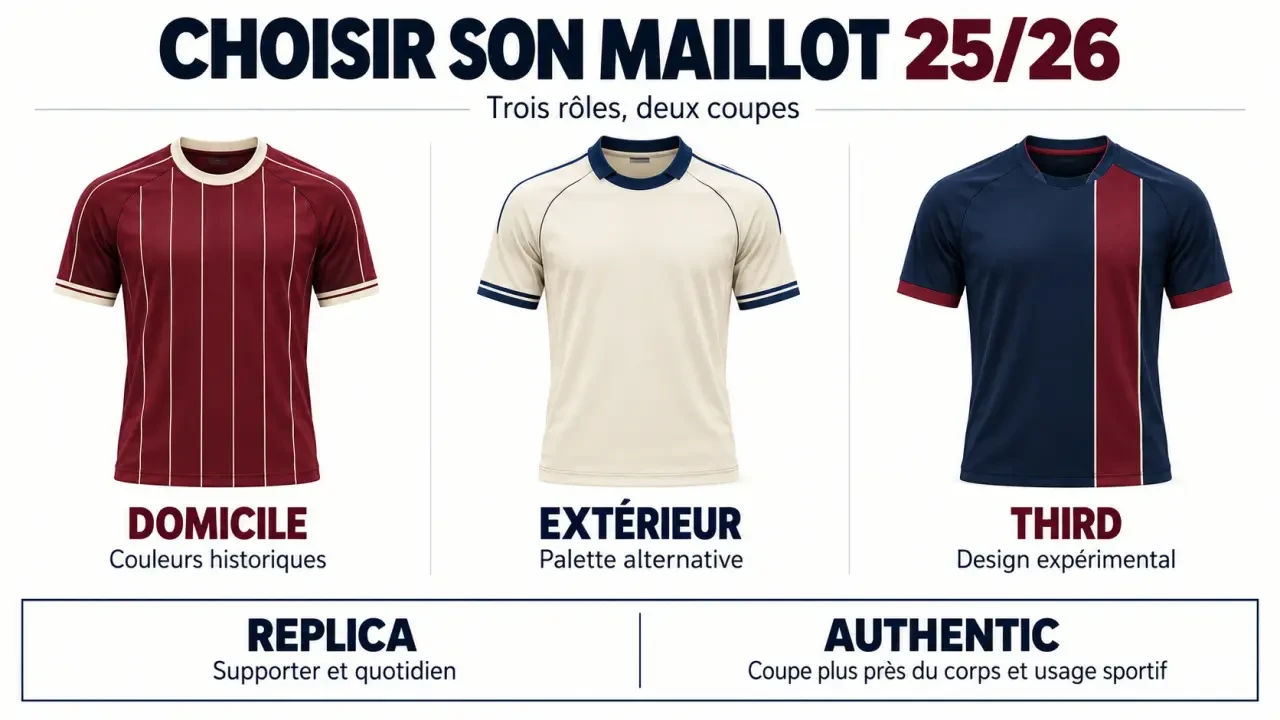 Infographie pour choisir un maillot football 25/26 entre domicile, extérieur, third, Replica et Authentic
