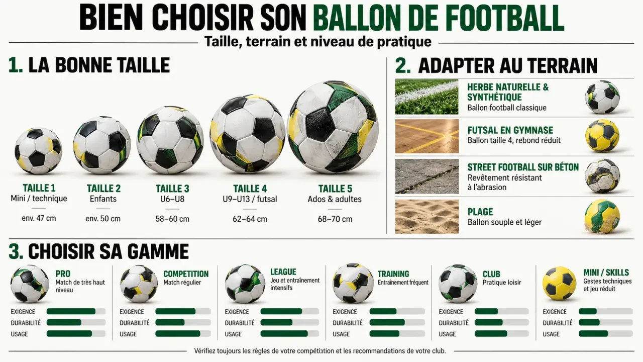 Infographie adidas ballon de foot comparant les tailles, surfaces et familles de modèles