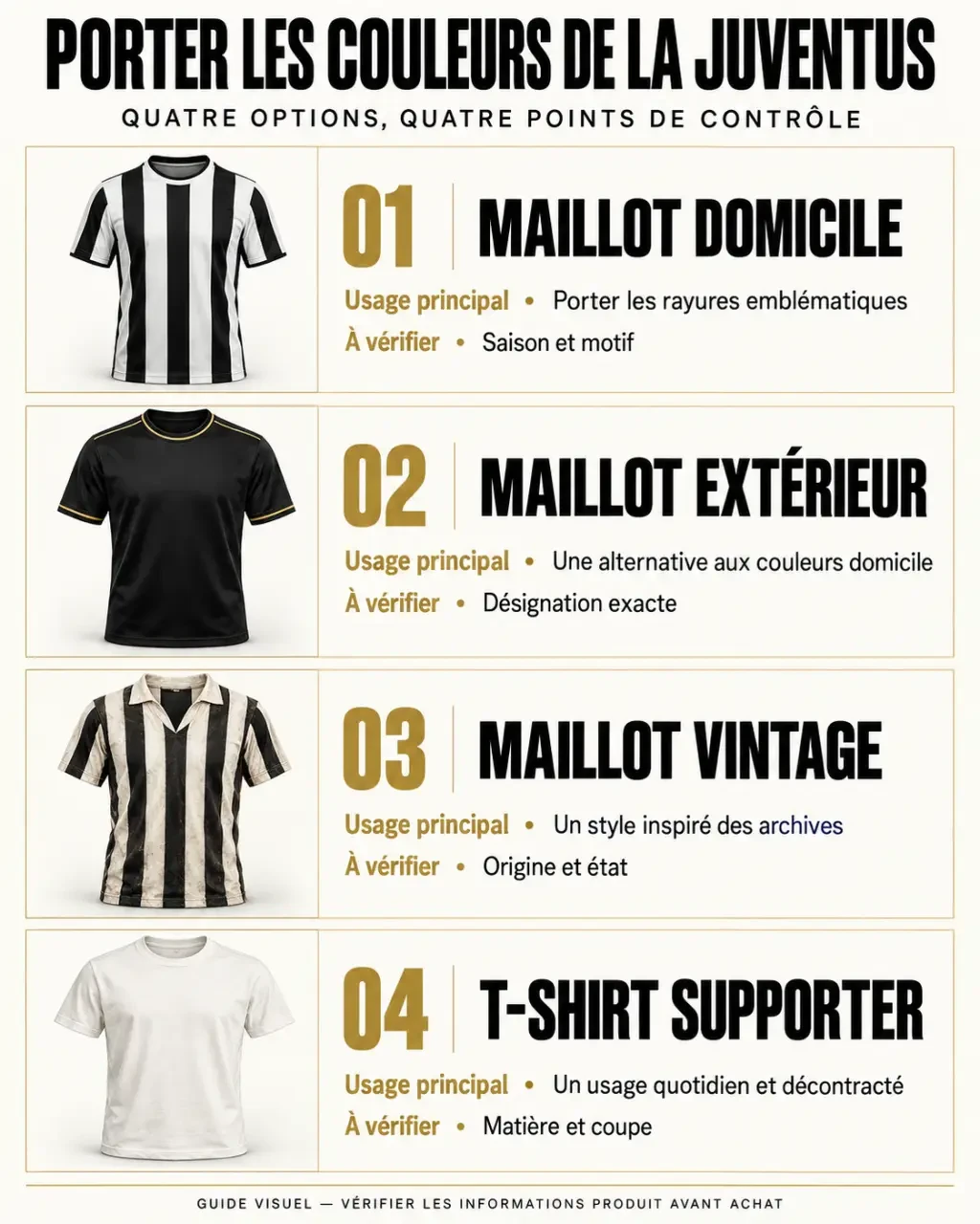 Infographie comparative pour choisir un maillot de foot Juventus domicile, extérieur, vintage ou T-shirt supporter