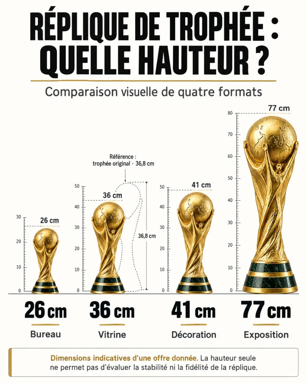 Infographie des tailles d'une réplique coupe du monde de 26 à 77 cm