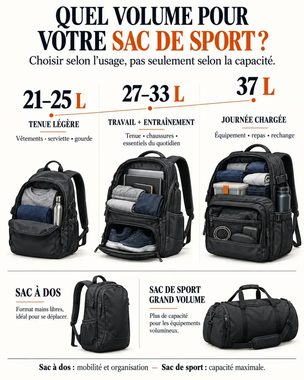 Infographie de choix d’un sac à dos sport homme selon le volume et l’usage