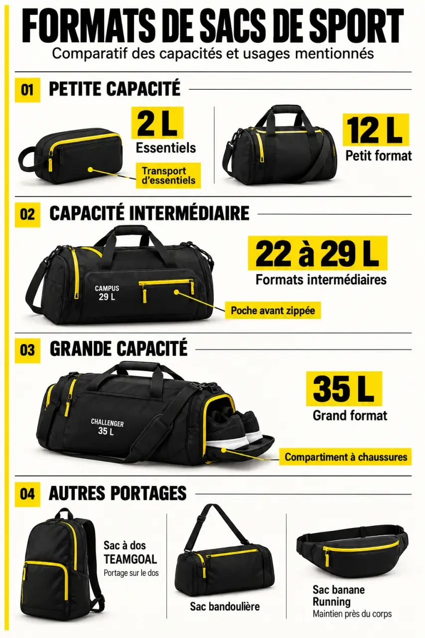 Infographie des formats et usages d'un sac de sport PUMA