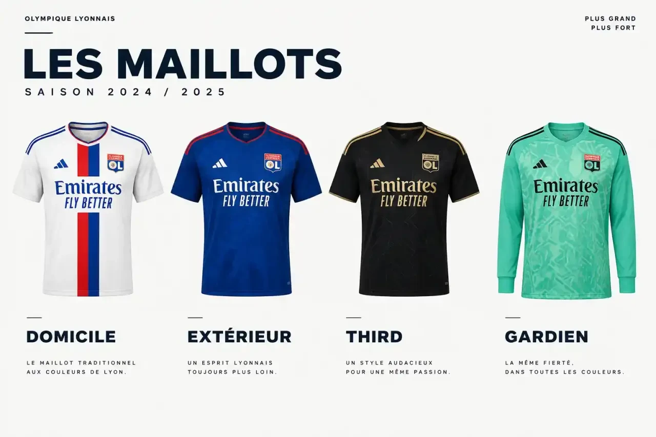 Comparaison des quatre modèles de maillot de foot OL : domicile, extérieur, third et gardien