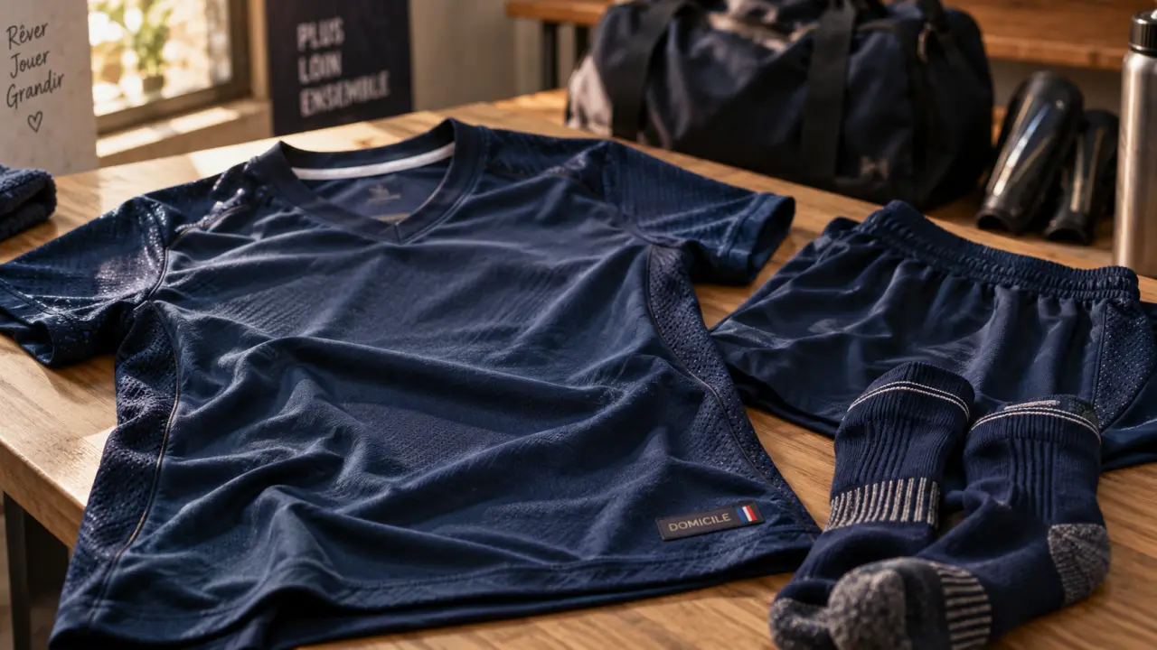 maillot de foot fille bleu marine posé à plat, tenue entraînement
