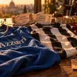 Maillot football italien Azzurri bleu, Juventus noir et blanc, Milan et Inter
