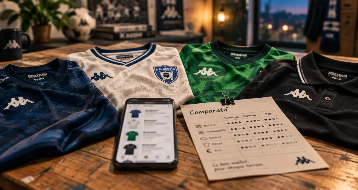 Maillot football kappa technique, domicile, gardien et polo sur table.
