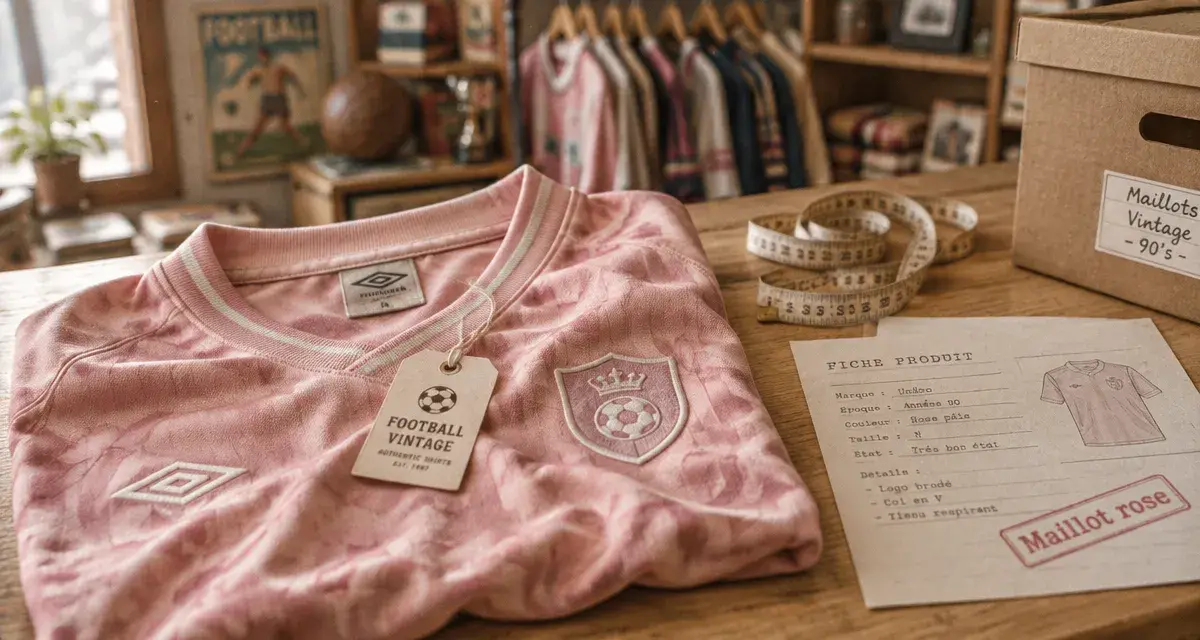 Maillot rose football collector dans une boutique vintage, gros plan sur le maillot rose